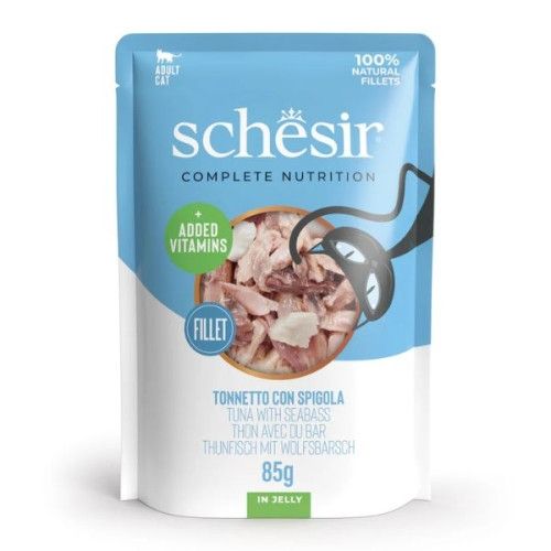 Hrana umeda pisici, Schesir, Ton si Biban in jeleu, 85 g