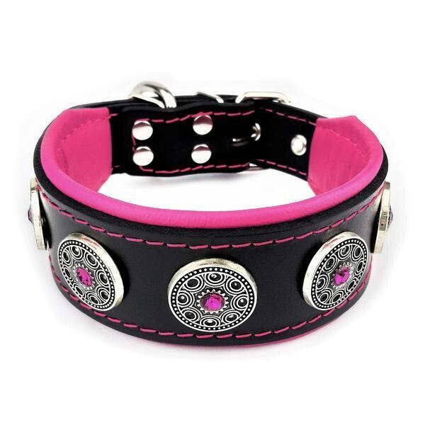 Bestia Zgarda Bijou Puppy, Piele Naturala, M, Negru/ Roz