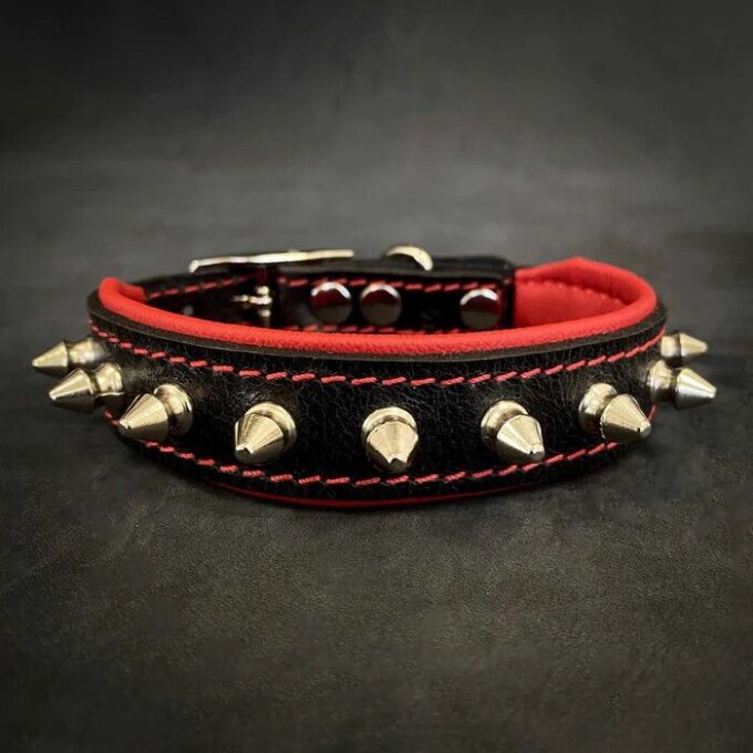 Bestia Zgarda Spiky, Piele Naturala, S: 25-30 cm, Rosu