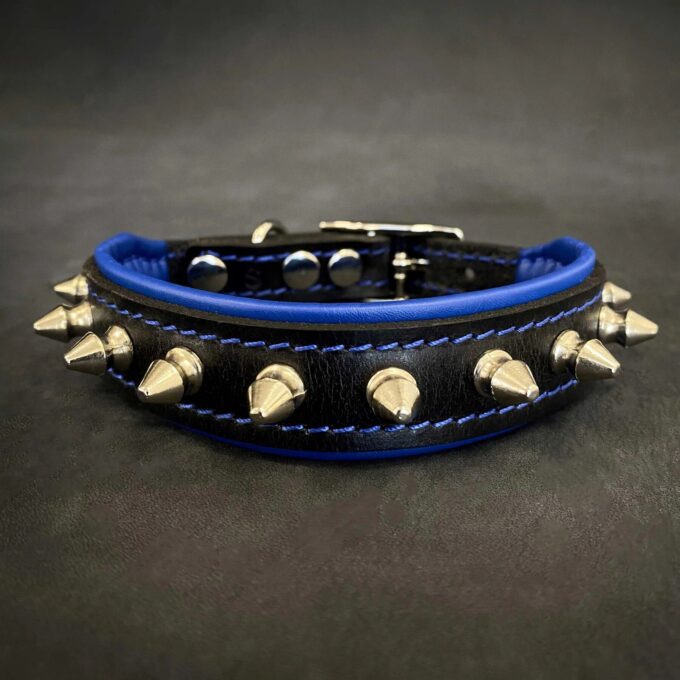Bestia Zgarda Spiky, Piele Naturala, S: 25-30 cm, Albastru