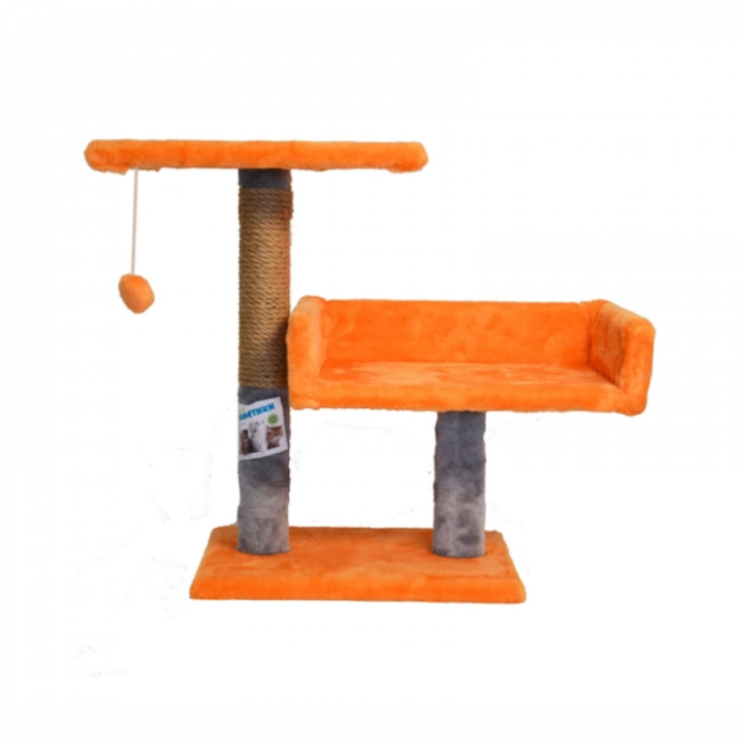 Ansamblu de joaca pentru pisici tip coloana cu canapea dubla si ciucure culoare portocaliu cu gri  50 x 38 x 30 cm
