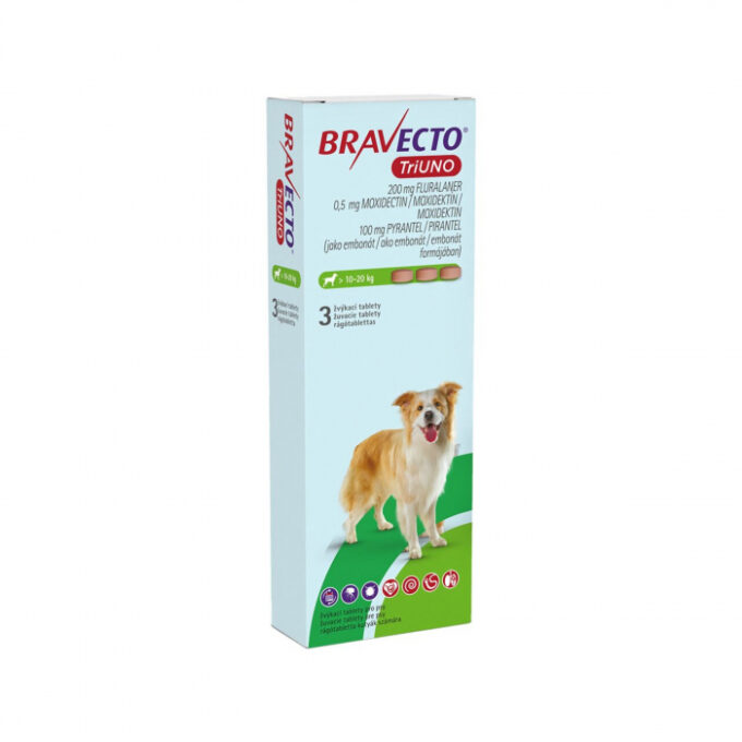 BRAVECTO TRIUNO antiparazitar intern si extern pentru caini 200mg (10-20 kg) - 3 tablete masticabile