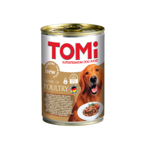 Conserva hrana umeda Tomi caine cu 3 feluri de pasare, 400 g
