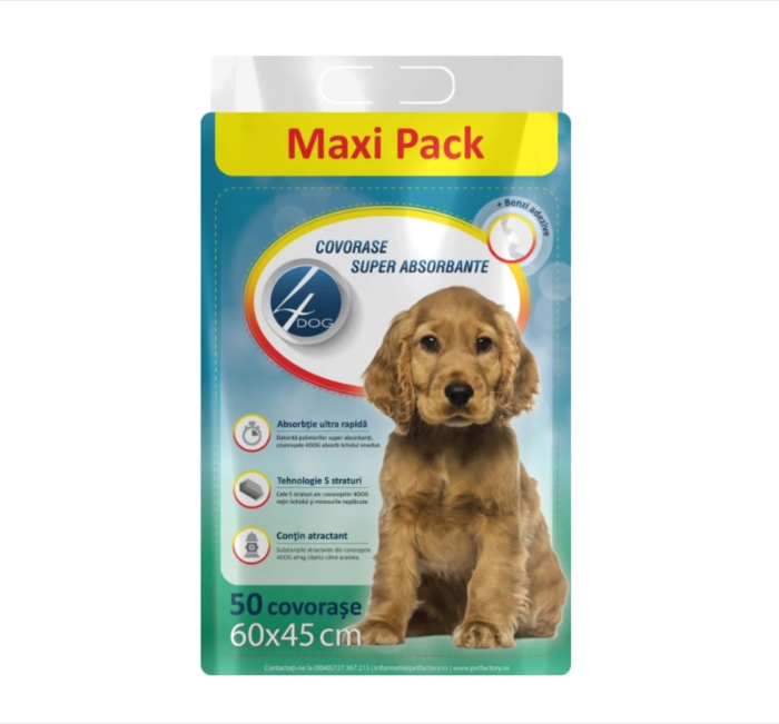 Covorase absorbante Igienice 4DOG 60x45 cm Maxi Pack 50 buc