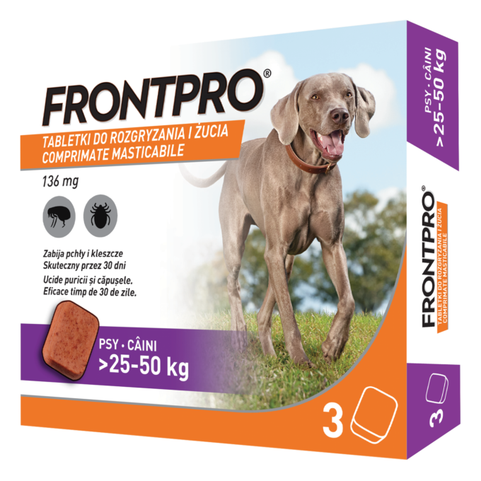 Comprimate masticabile antiparazitare caini, Frontpro XL, 136 mg, >25-50 kg, 3 buc/ cutie