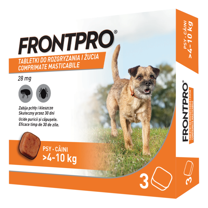 Comprimate masticabile antiparazitare caini, Frontpro M, 28 mg, >4-10 kg, 3 buc/ cutie