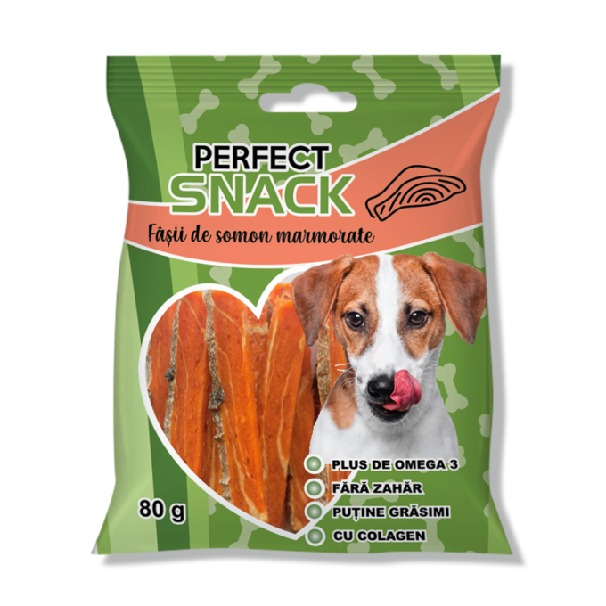 Hrana complementara pentru caini, Perfect Snack, fasii de somon marmorate, 80 g 1 Hrana complementara pentru caini, Perfect Snack, fasii de somon marmorate, 80 g
