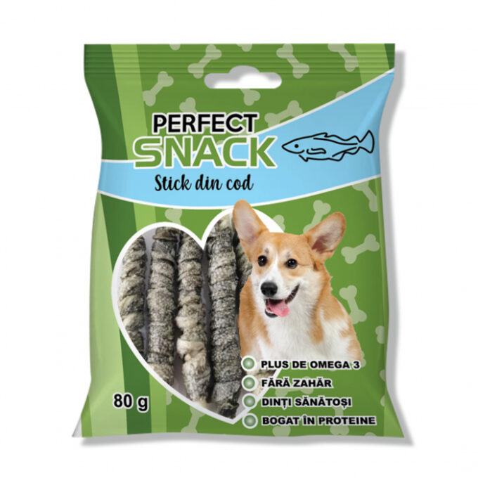 Perfect Snack, recompense delicioase pentru caini, Stick din cod, 80 g 1 Perfect Snack, recompense delicioase pentru caini, Stick din cod, 80 g