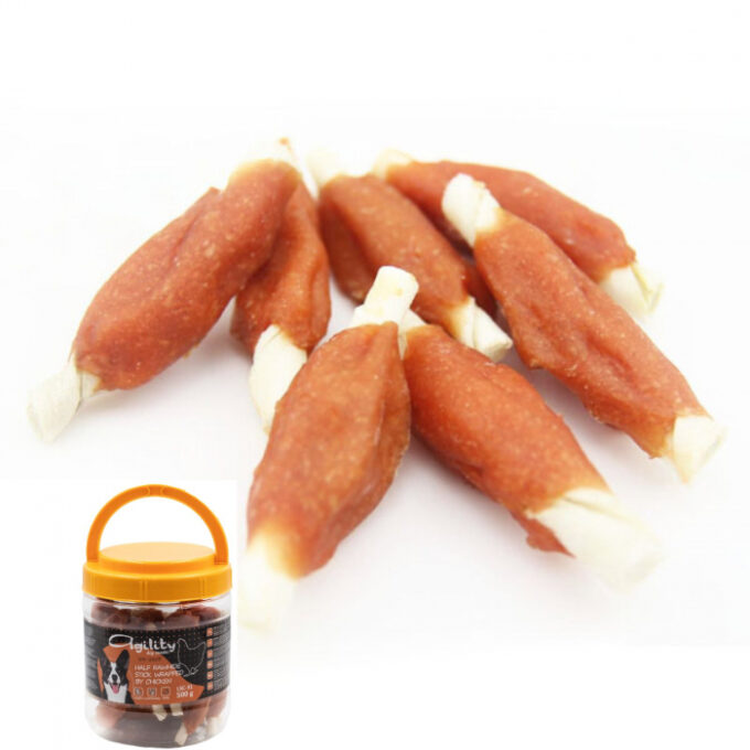 Recompense delicioase pentru caini Agility, bete din piele cruda infasurate de pui, 500g 1 Recompense delicioase pentru caini Agility, bete din piele cruda infasurate de pui, 500g