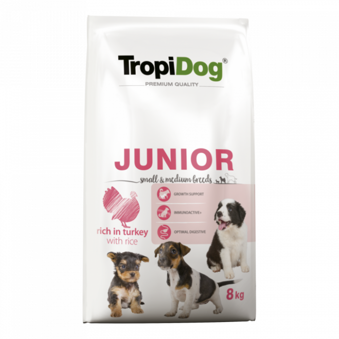 TropiDog, hrana uscata Premium Junior Talie mica si medie,  8 kg