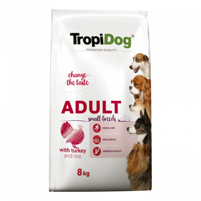 TropiDog, hrana uscata Premium Talie mica cu Curcan si orez,  8 kg