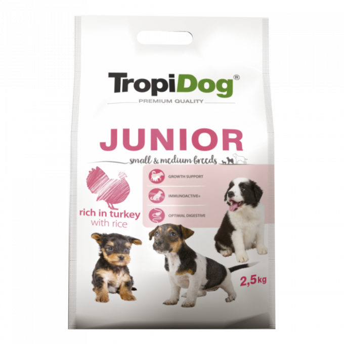 TropiDog, hrana uscata Premium Junior Talie mica si medie,  2.5 kg
