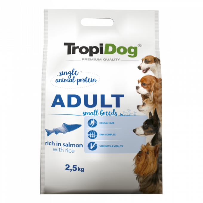TropiDog, hrana uscata Premium Talie mica cu Somon si orez,  2.5 kg