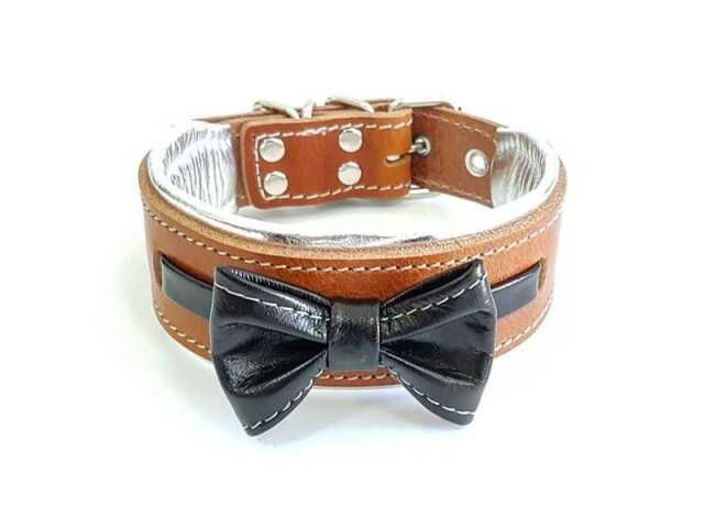 Bestia Zgarda Bowtie-Papion, Piele Naturala, S, Maro/ Negru